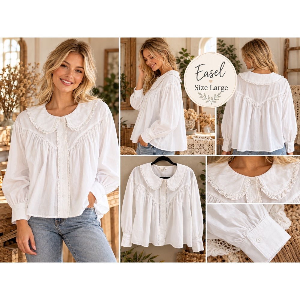 Easel Size Large White Peter Pan Collar Lace Trim Button Frnt Blouse Cottagecore